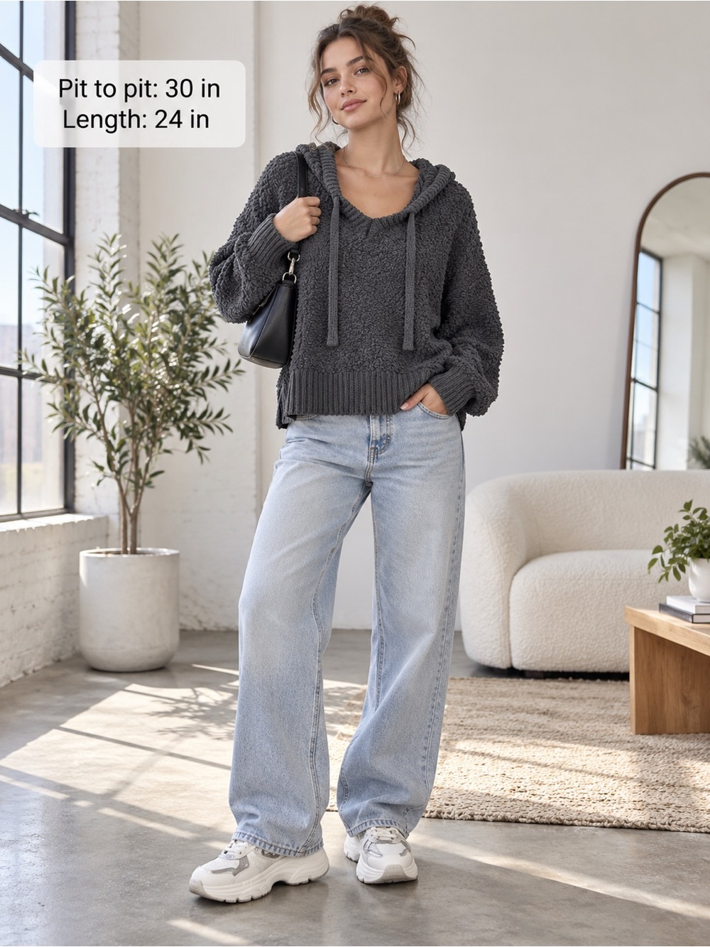 POL Women’s M Charcoal Popcorn Chenille Hooded Sweater Oversized Boho